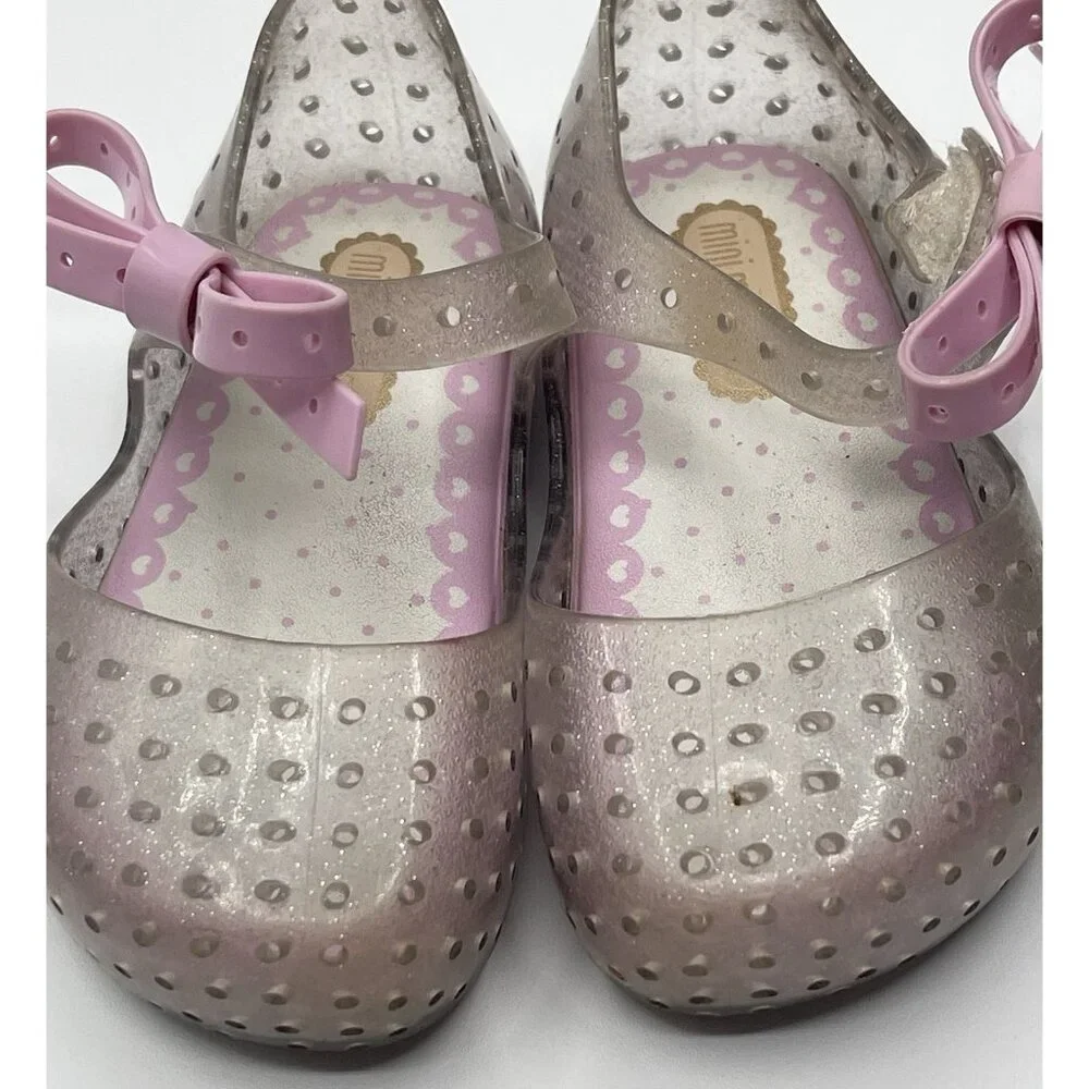 Mini Melissa Kids‎ Girls Mary Jane Size 6 Clear Glitter Pink Bow Jelly Shoes